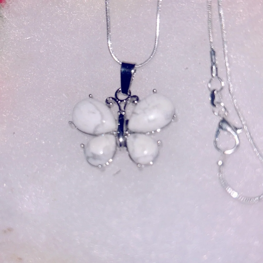 Boho hippie Howlite Crystal Butterfly Sterling Silver 18” Necklace